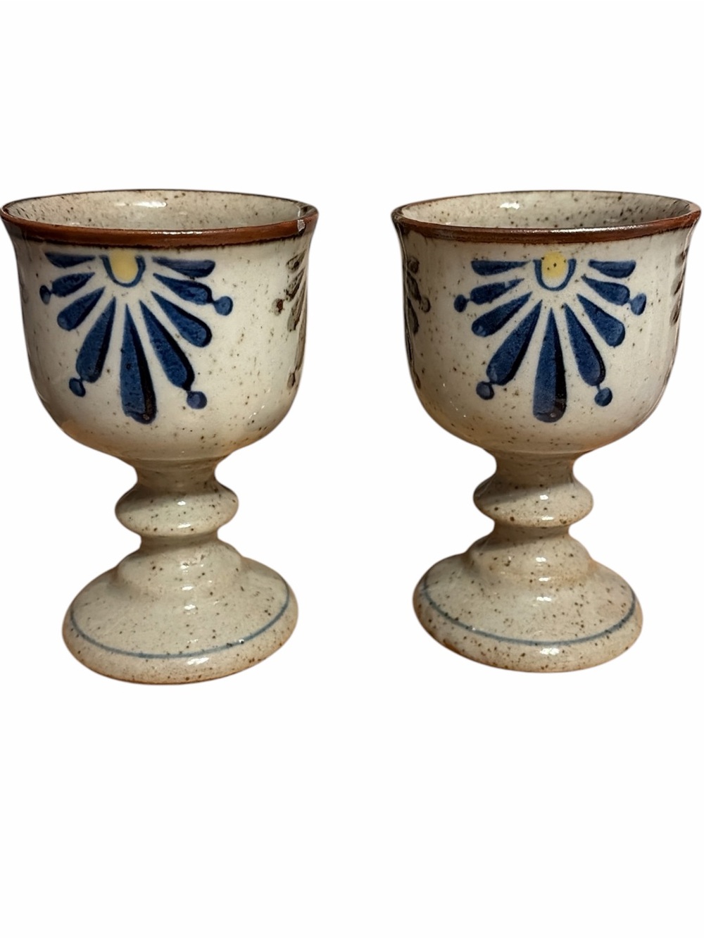 Otagiri Cream Speckled Ceramic Goblet Pair with Blue and Yellow Floral Design